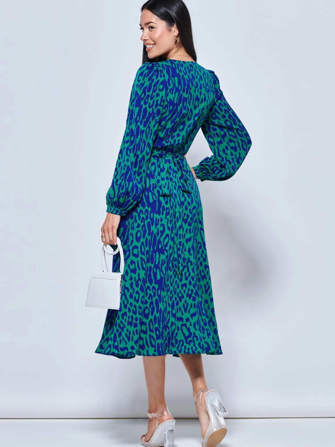 Crepe Wrap Long Sleeve Midi Dress, Green Animal