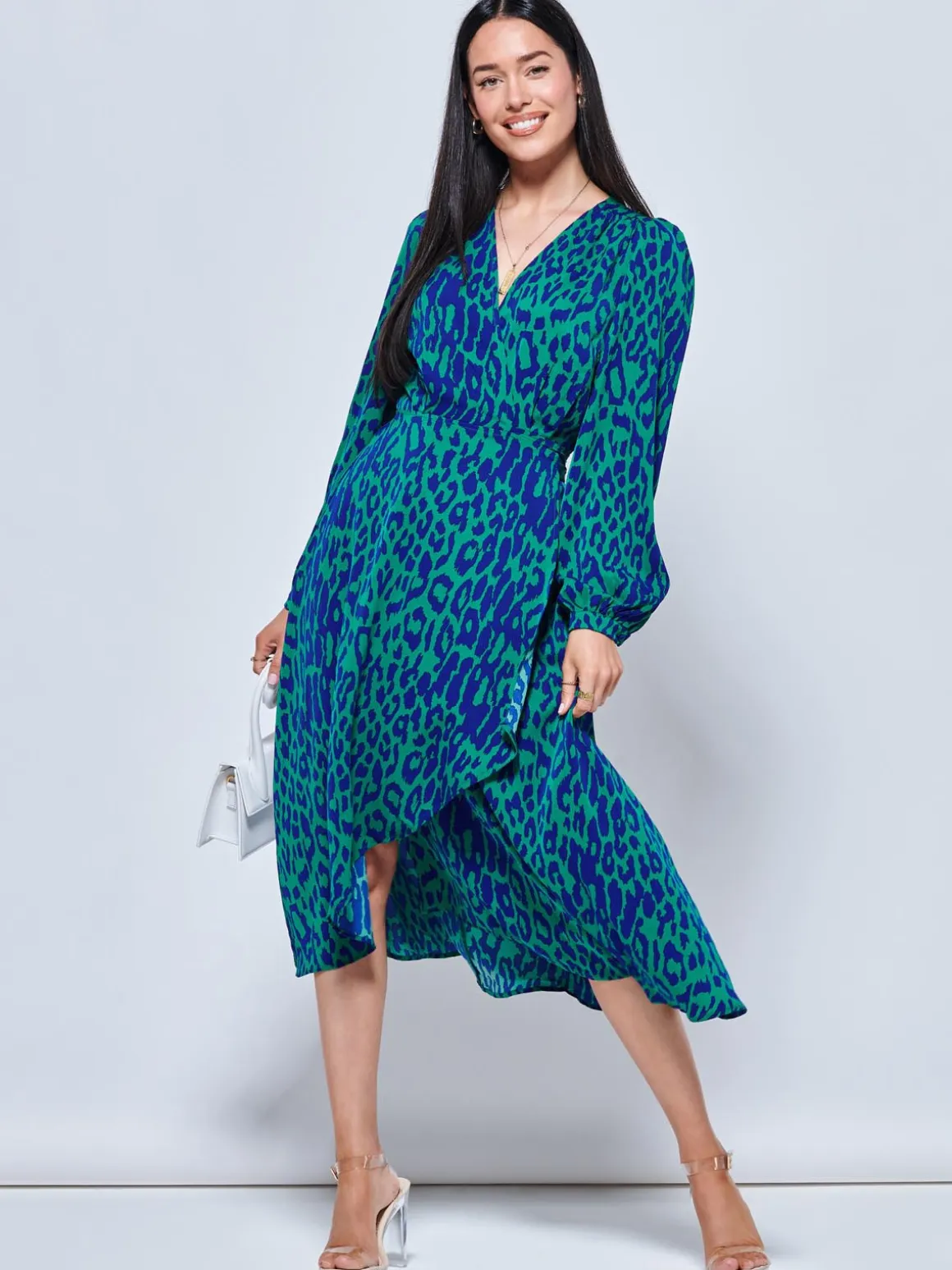 Crepe Wrap Long Sleeve Midi Dress, Green Animal