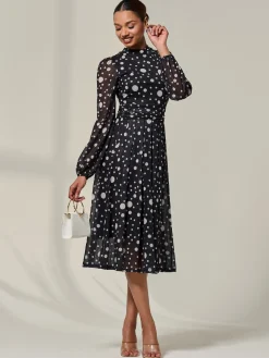 Crew Neck Pleated Long Sleeve Midi, Black Polka