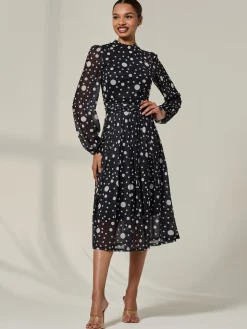Crew Neck Pleated Long Sleeve Midi, Black Polka