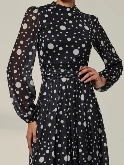 Crew Neck Pleated Long Sleeve Midi, Black Polka