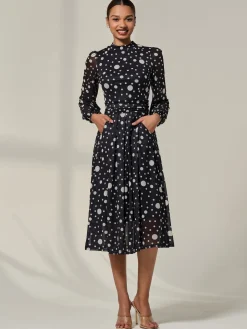 Crew Neck Pleated Long Sleeve Midi, Black Polka