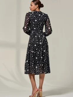 Crew Neck Pleated Long Sleeve Midi, Black Polka