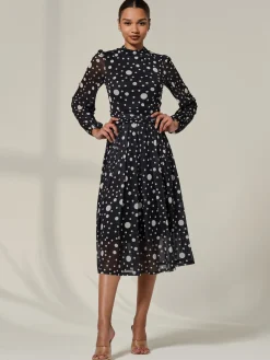 Crew Neck Pleated Long Sleeve Midi, Black Polka