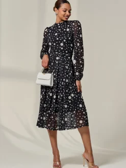 Crew Neck Pleated Long Sleeve Midi, Black Polka