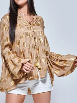 Crochet Detailed Long Sleeve Holiday Blouse, Khaki Pattern