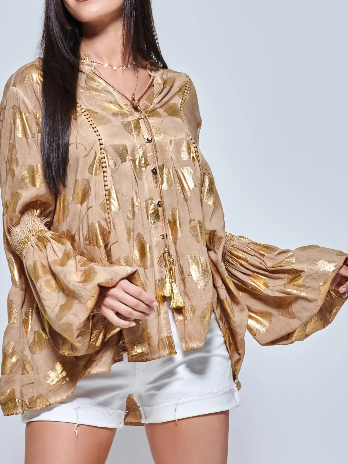 Crochet Detailed Long Sleeve Holiday Blouse, Khaki Pattern
