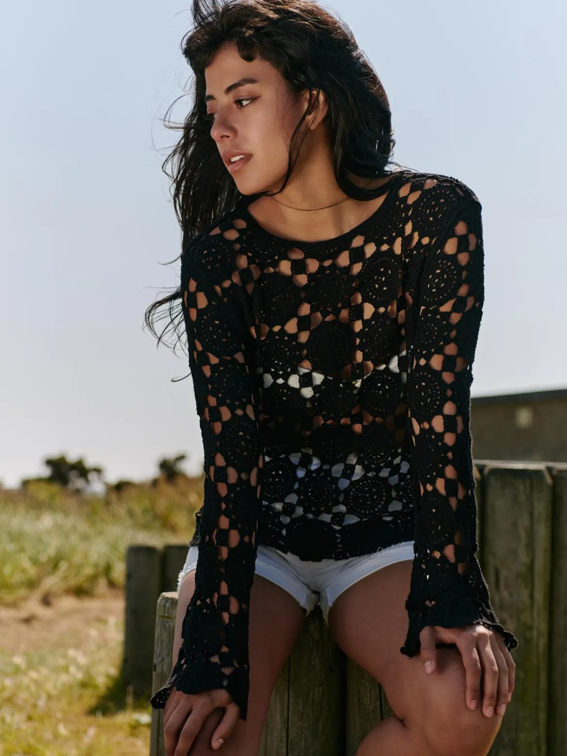 Crochet Knit Long Sleeve Top, Black