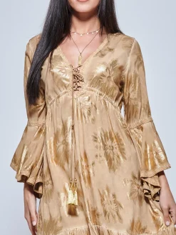 Crochet Trim Midi Holiday Dress, Khaki Pattern