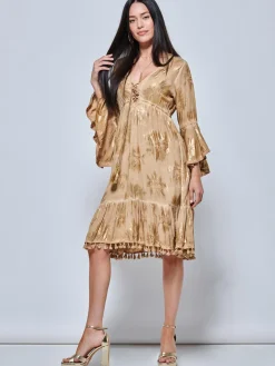 Crochet Trim Midi Holiday Dress, Khaki Pattern