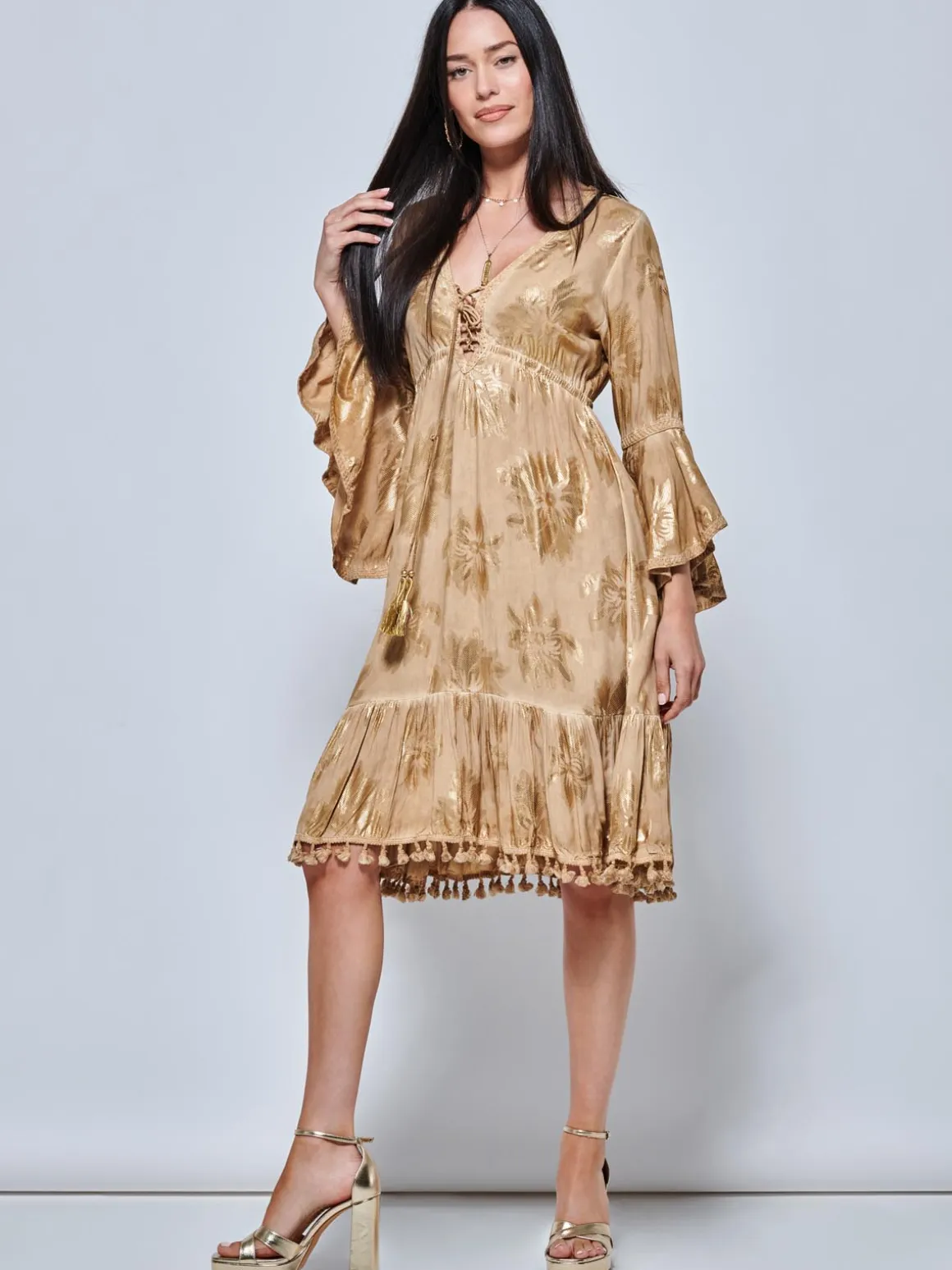 Crochet Trim Midi Holiday Dress, Khaki Pattern