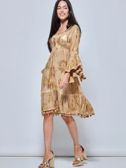 Crochet Trim Midi Holiday Dress, Khaki Pattern