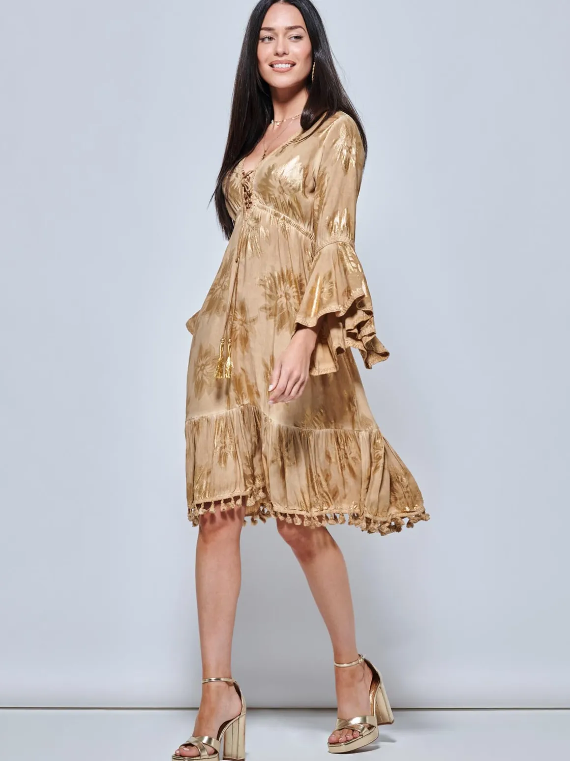 Crochet Trim Midi Holiday Dress, Khaki Pattern