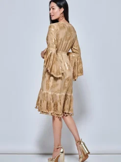 Crochet Trim Midi Holiday Dress, Khaki Pattern