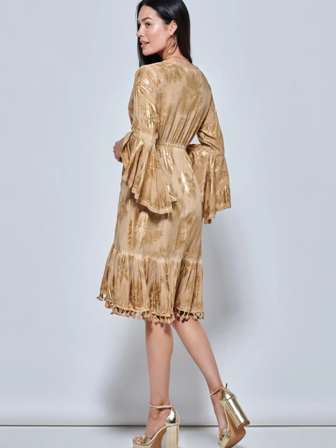 Crochet Trim Midi Holiday Dress, Khaki Pattern