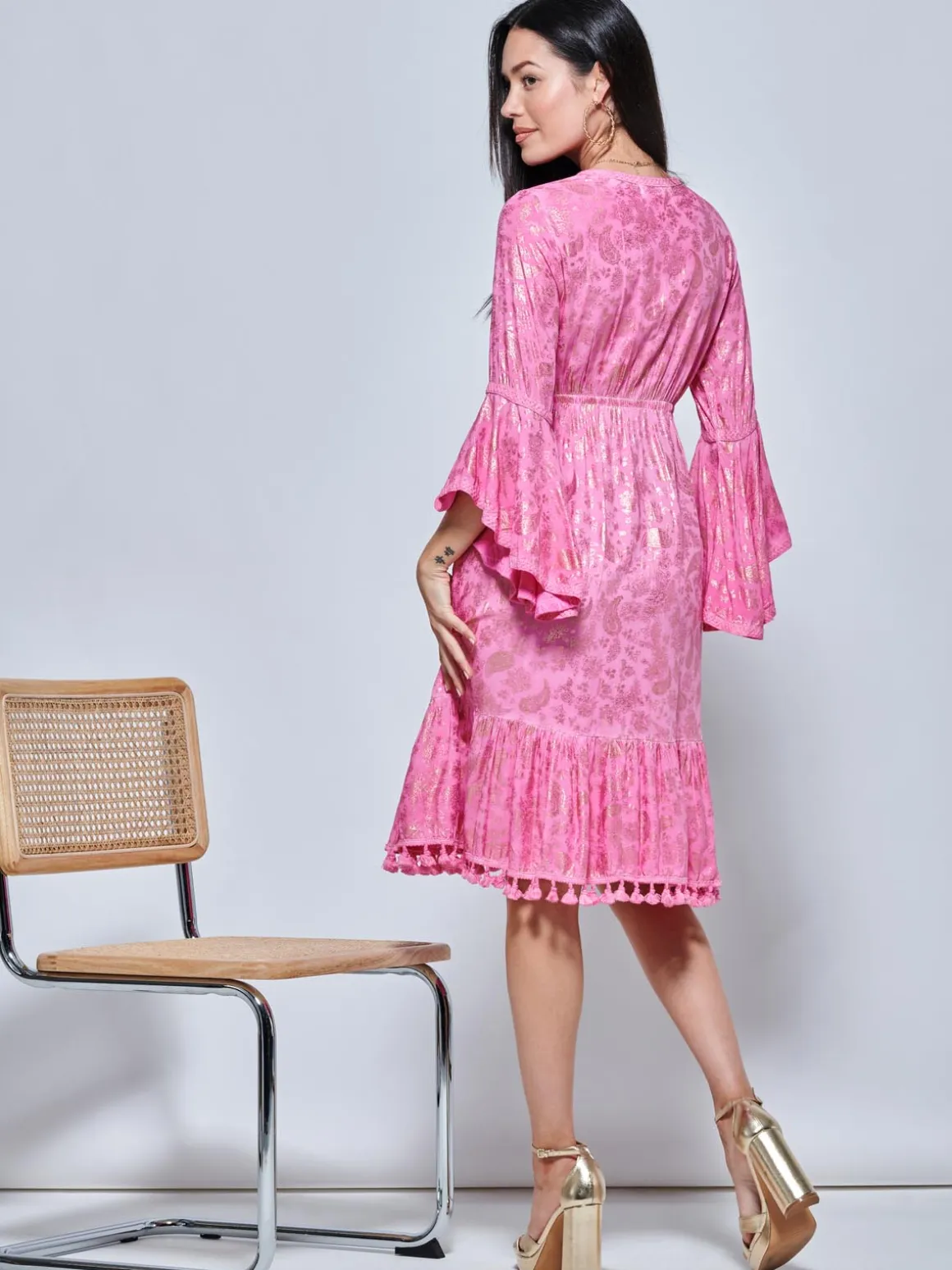 Crochet Trim Midi Holiday Dress, Pink Pattern
