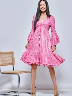 Crochet Trim Midi Holiday Dress, Pink Pattern