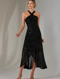 Cross Neck Frill Hem Maxi Dress, Black