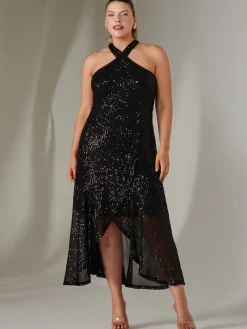 Cross Neck Frill Hem Maxi Dress, Black