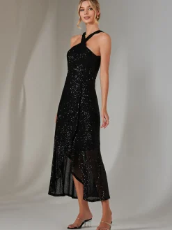 Cross Neck Frill Hem Maxi Dress, Black
