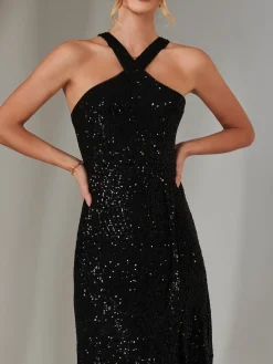Cross Neck Frill Hem Maxi Dress, Black
