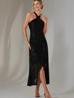 Cross Neck Frill Hem Maxi Dress, Black