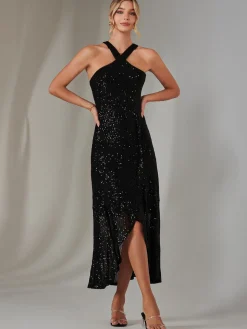 Cross Neck Frill Hem Maxi Dress, Black