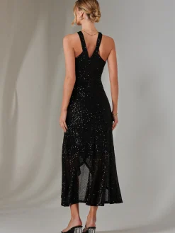 Cross Neck Frill Hem Maxi Dress, Black