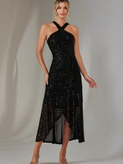 Cross Neck Frill Hem Maxi Dress, Black
