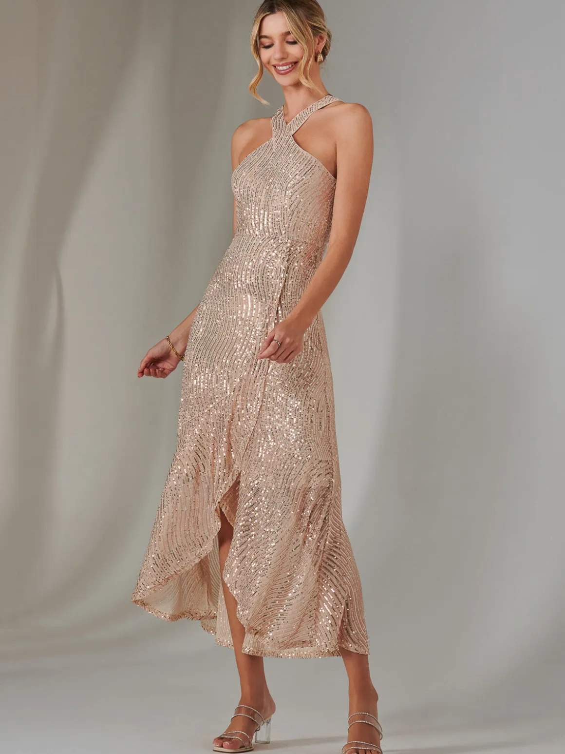 Cross Neck Frill Hem Maxi Dress, Rose Gold