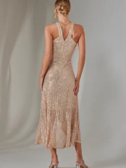 Cross Neck Frill Hem Maxi Dress, Rose Gold