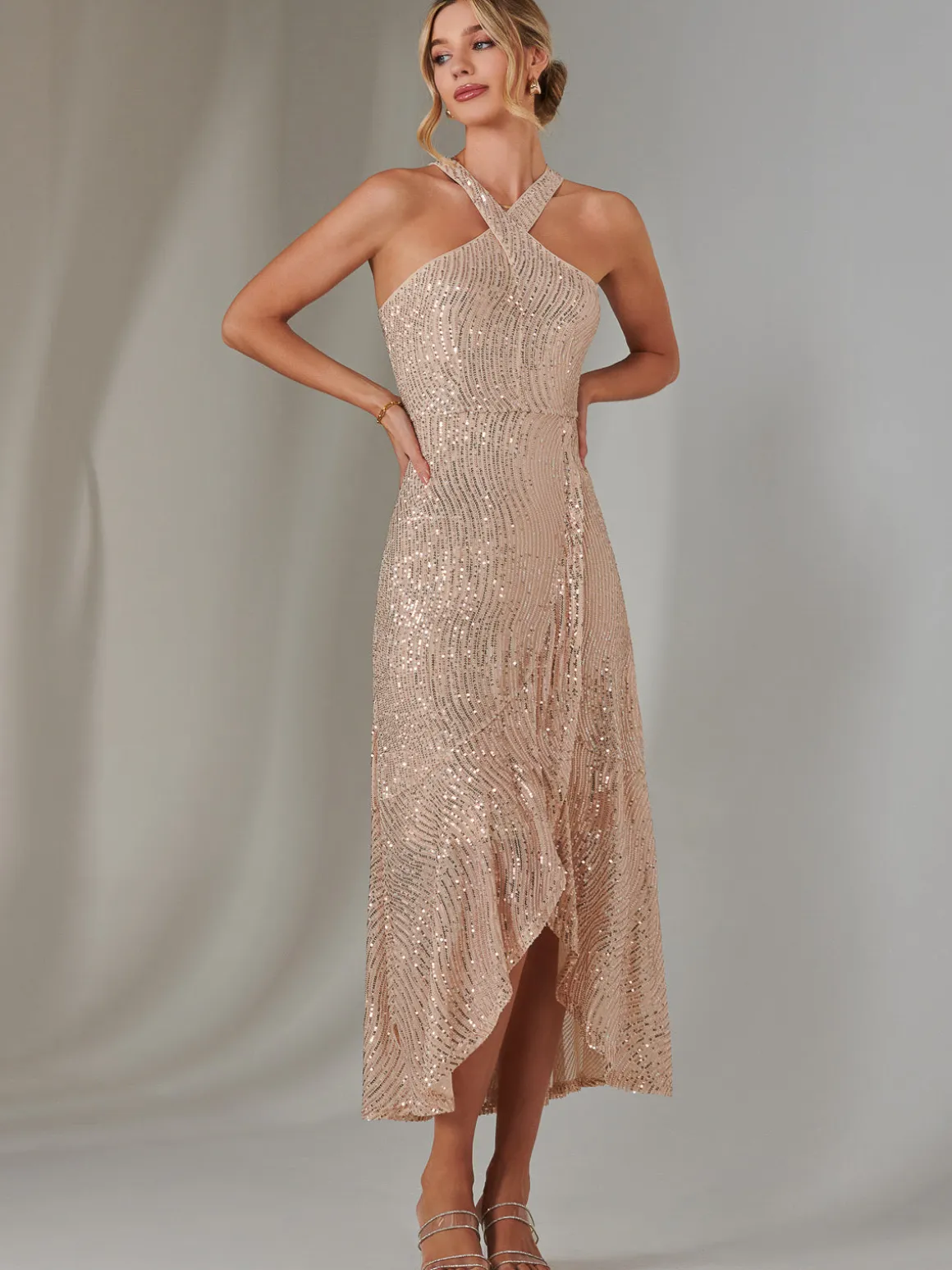 Cross Neck Frill Hem Maxi Dress, Rose Gold