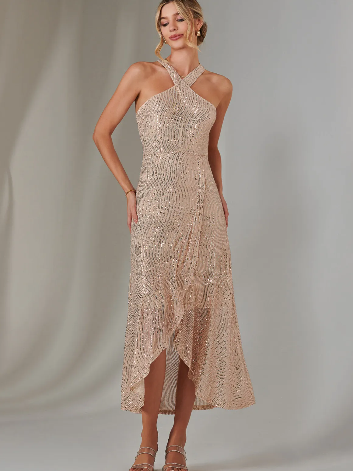 Cross Neck Frill Hem Maxi Dress, Rose Gold