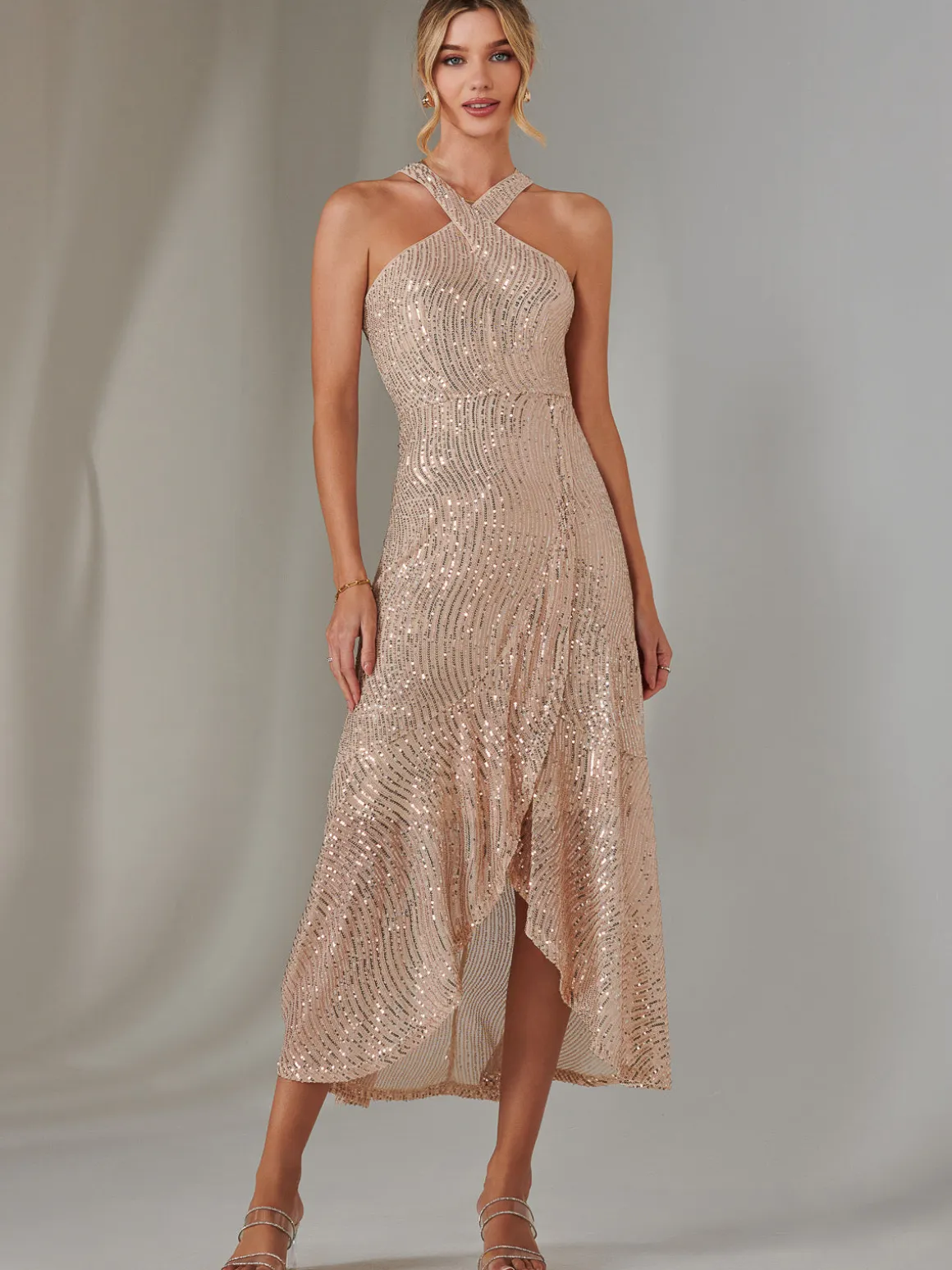 Cross Neck Frill Hem Maxi Dress, Rose Gold