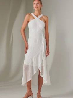 Cross Neck Frill Hem Maxi Dress, White