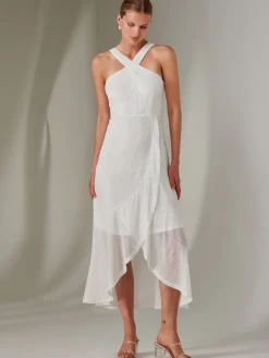 Cross Neck Frill Hem Maxi Dress, White