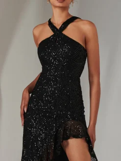 Cross Neck Side Ruffle Sequin Dress, Black