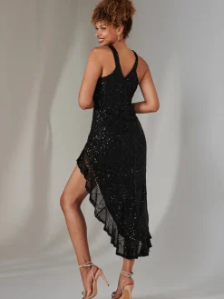 Cross Neck Side Ruffle Sequin Dress, Black