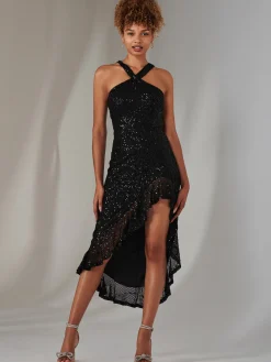 Cross Neck Side Ruffle Sequin Dress, Black