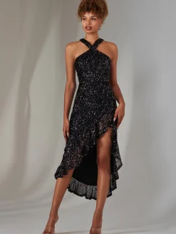 Cross Neck Side Ruffle Sequin Dress, Navy Multi