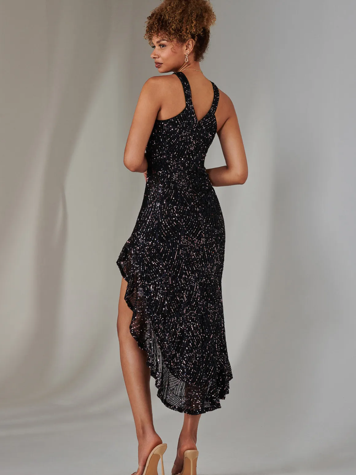Cross Neck Side Ruffle Sequin Dress, Navy Multi