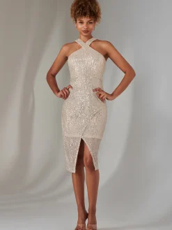 Cross Neck Slit Bodycon Dress, Beige Silver