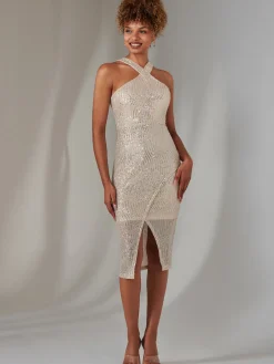 Cross Neck Slit Bodycon Dress, Beige Silver
