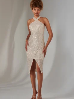 Cross Neck Slit Bodycon Dress, Beige Silver