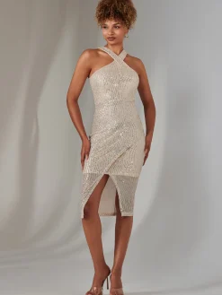 Cross Neck Slit Bodycon Dress, Beige Silver