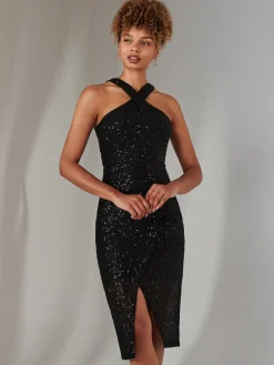 Cross Neck Slit Bodycon Dress, Black