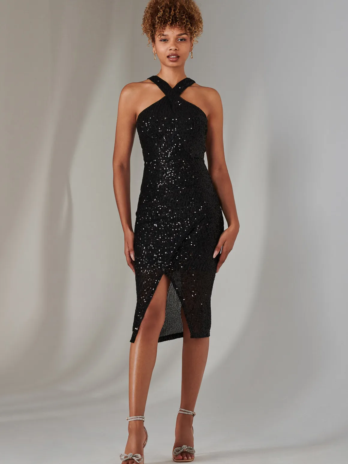Cross Neck Slit Bodycon Dress, Black