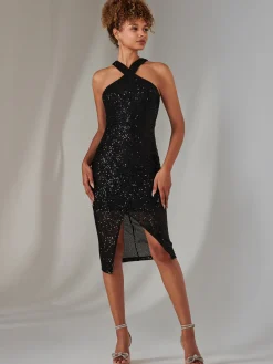 Cross Neck Slit Bodycon Dress, Black