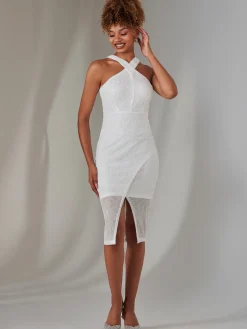 Cross Neck Slit Bodycon Dress, White