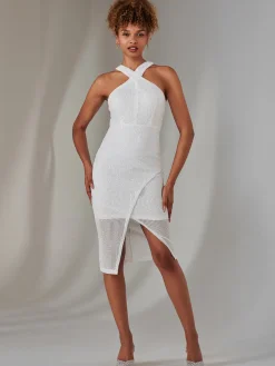 Cross Neck Slit Bodycon Dress, White